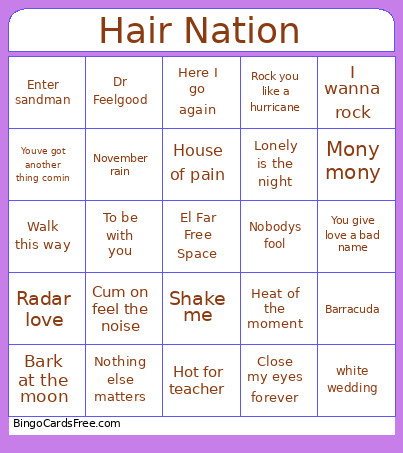 Hair Nation Bingo Card