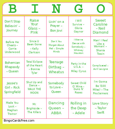 Hairbrush Karaoke Bingo Card