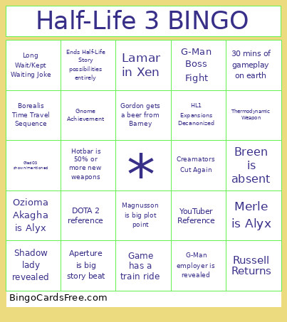 Half-Life 3 Bingo Card