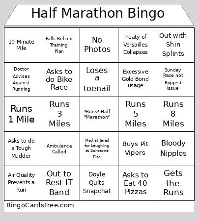 Half Marathon Bingo Card