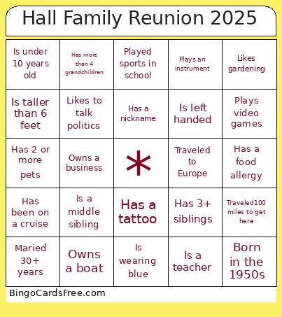 Hall Family Reunion 2025 Bingo Card