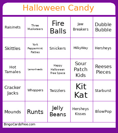 Halloween Candy Bingo Card