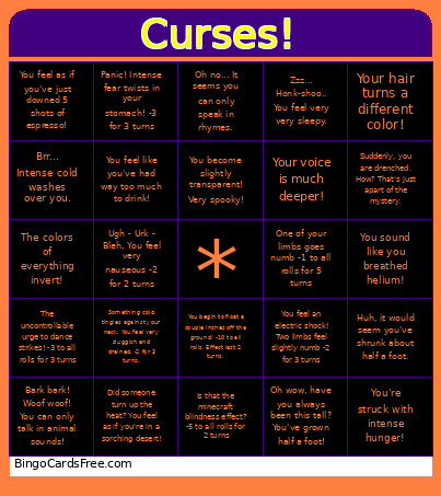 Halloween Curses Bingo Card