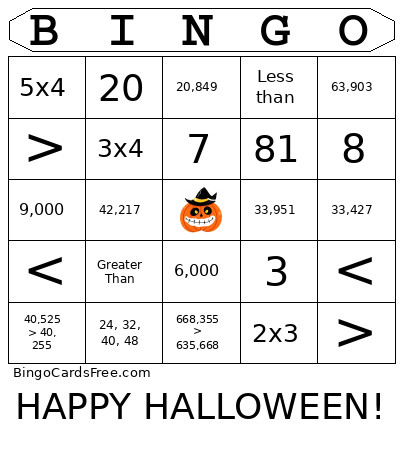Halloween Math Bingo Card 2