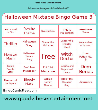 Halloween Mixtape Game 3 Bingo Card