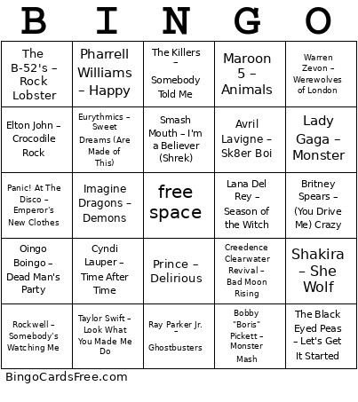 Halloween Music Bingo Card
