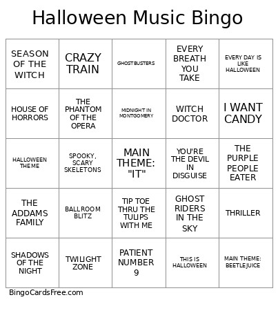 Halloween Music Bingo Card