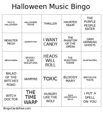 Halloween Music Bingo Card