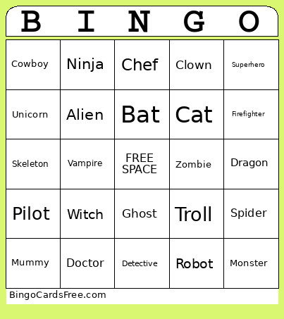 Halloween Parade Bingo Card