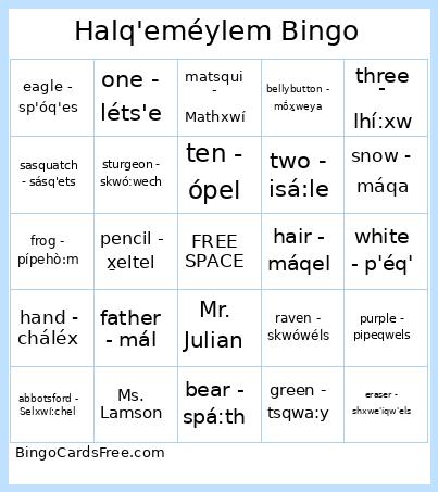 Halq'eméylem Bingo Card