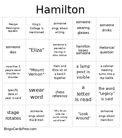 Hamilton Movie Bingo Card