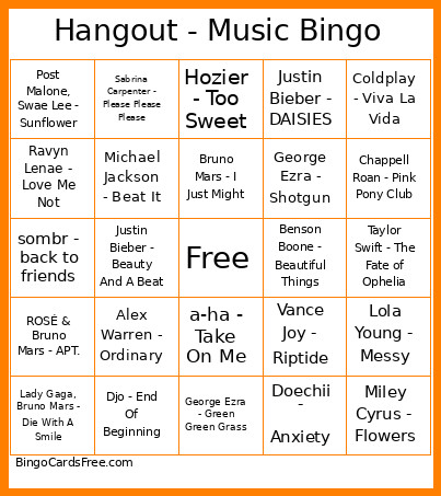 Hangout - Music Bingo Card