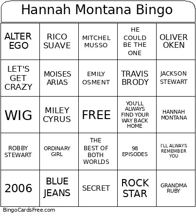 Hannah Montana Bingo Card