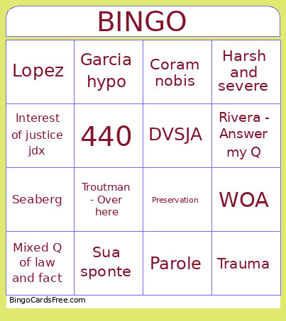 Hannah T Bingo Card
