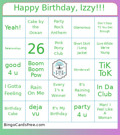 Happy Birthday, Izzy!!! Bingo Card