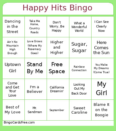Happy Hits Bingo Card