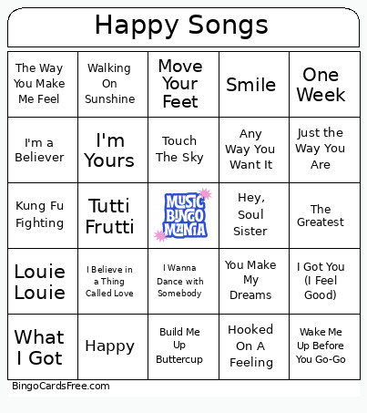 Happy Songs Bingo Card