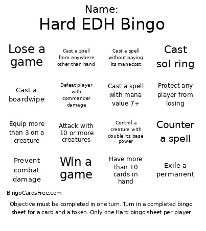 Hard EDH Bingo Card