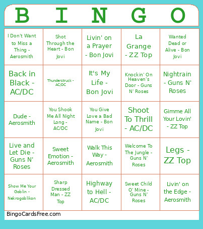 Hard Rock Music Bingo Card