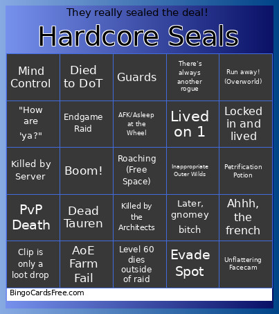 Hardcore Seals Bingo Card