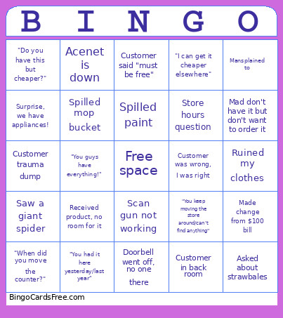 Hardware Store Bingo Card