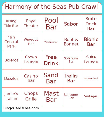 Harmony Of The Seas Pub Crawl Bingo Card