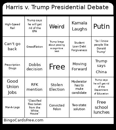 Harris V. Trump Presidential Debate Bingo Card