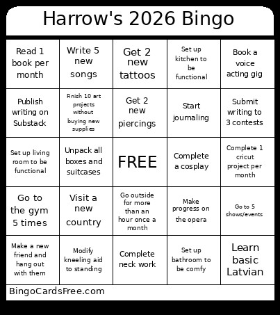 Harrow's 2026 Bingo Card