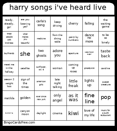 Harry Songs I've Heard Live Bingo Card