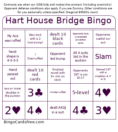 Hart House Bridge Bingo Card 2