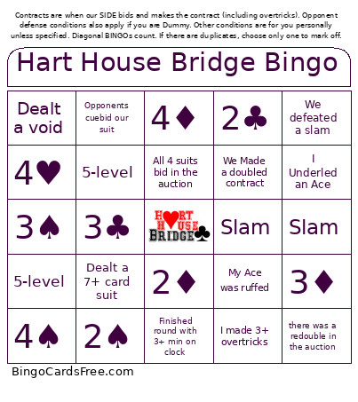 Hart House Bridge Bingo Card
