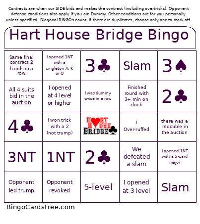 Hart House Bridge Bingo Card