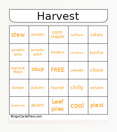 Harvest Bingo Card