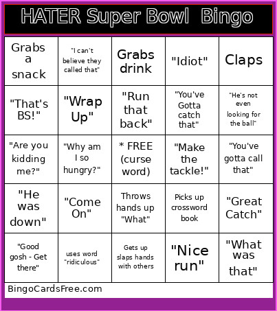 HATER Super Bowl Bingo Card