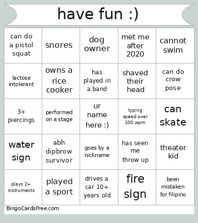 Have Fun :) Bingo Card