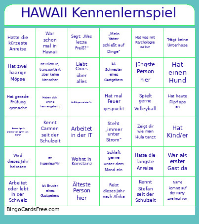 HAWAII Kennenlernspiel Bingo Card