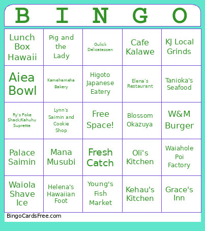 Hawaii Trip Bingo Card