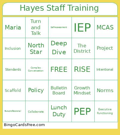 Hayes Staff Training Bingo Card