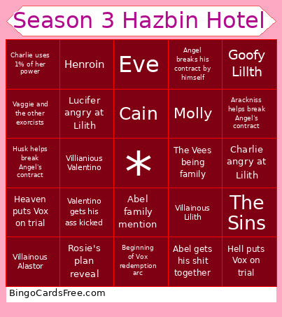 Hazbin Hotel S3 Predictions Bingo Card