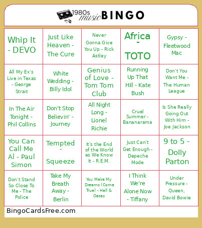 HC 80s Music Bingo Card