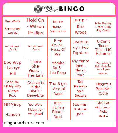 HC 90s Music Bingo Card