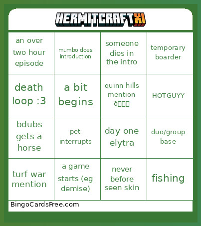 HC11 Episode 1 Bingo Card