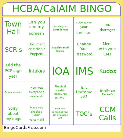 HCBA/CalAIM Bingo Card