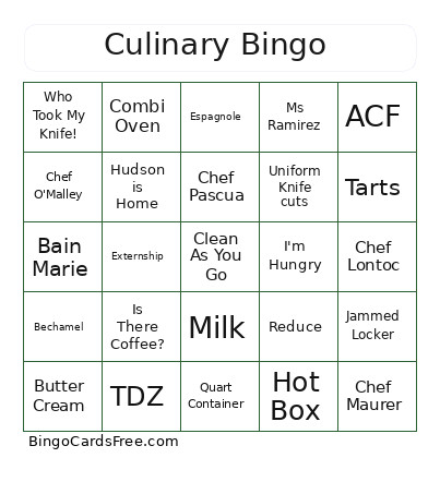 HCCC Culinary Club Bingo Card