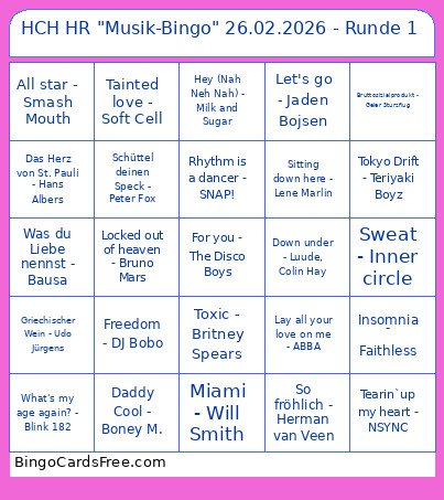 HCH HR Musik- 26.02.2026 - Runde 1 Bingo Card