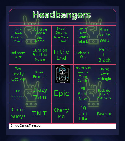 Headbangers Bingo Card