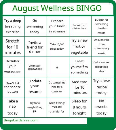 Health & Wellness Bingo Cards Free Pdf Printable Game, Title: August Wellness BINGO