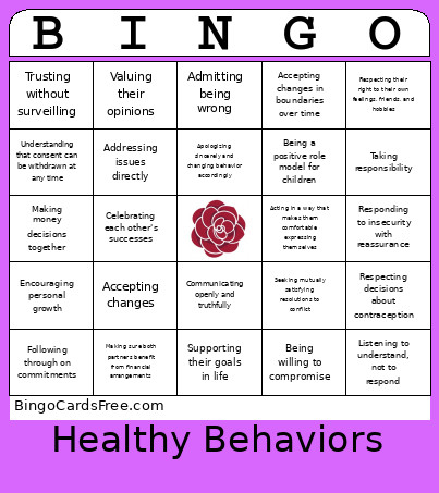 Healthy Behaviors Bingo Card