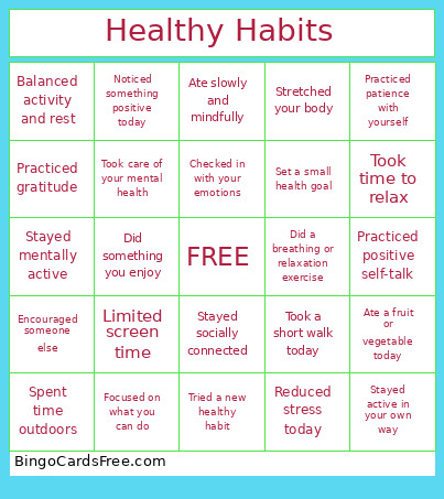 Healthy Habits Bingo Card