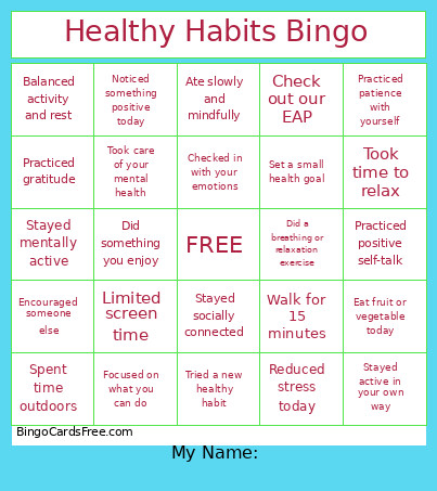 Healthy Habits Bingo Card